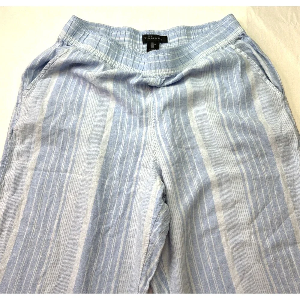 Tahari Women's Large Blue Linen Rayon Elastic Waist Casual Pants with Pockets
